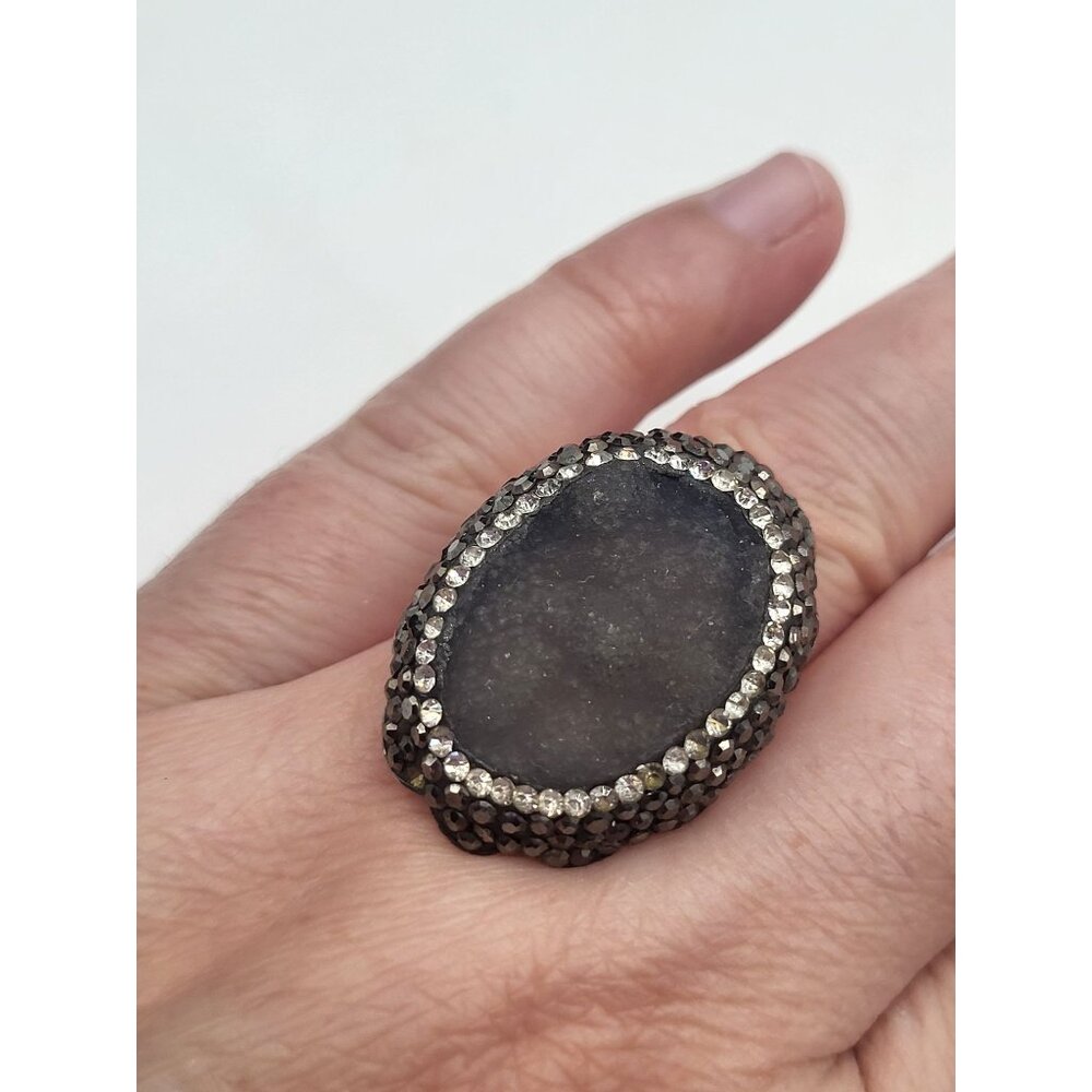 Vintage N-TR Sterling Silver Gray Druzy Quartz Crystal Marcasite Ring SZ 7 - Picture 1 of 11